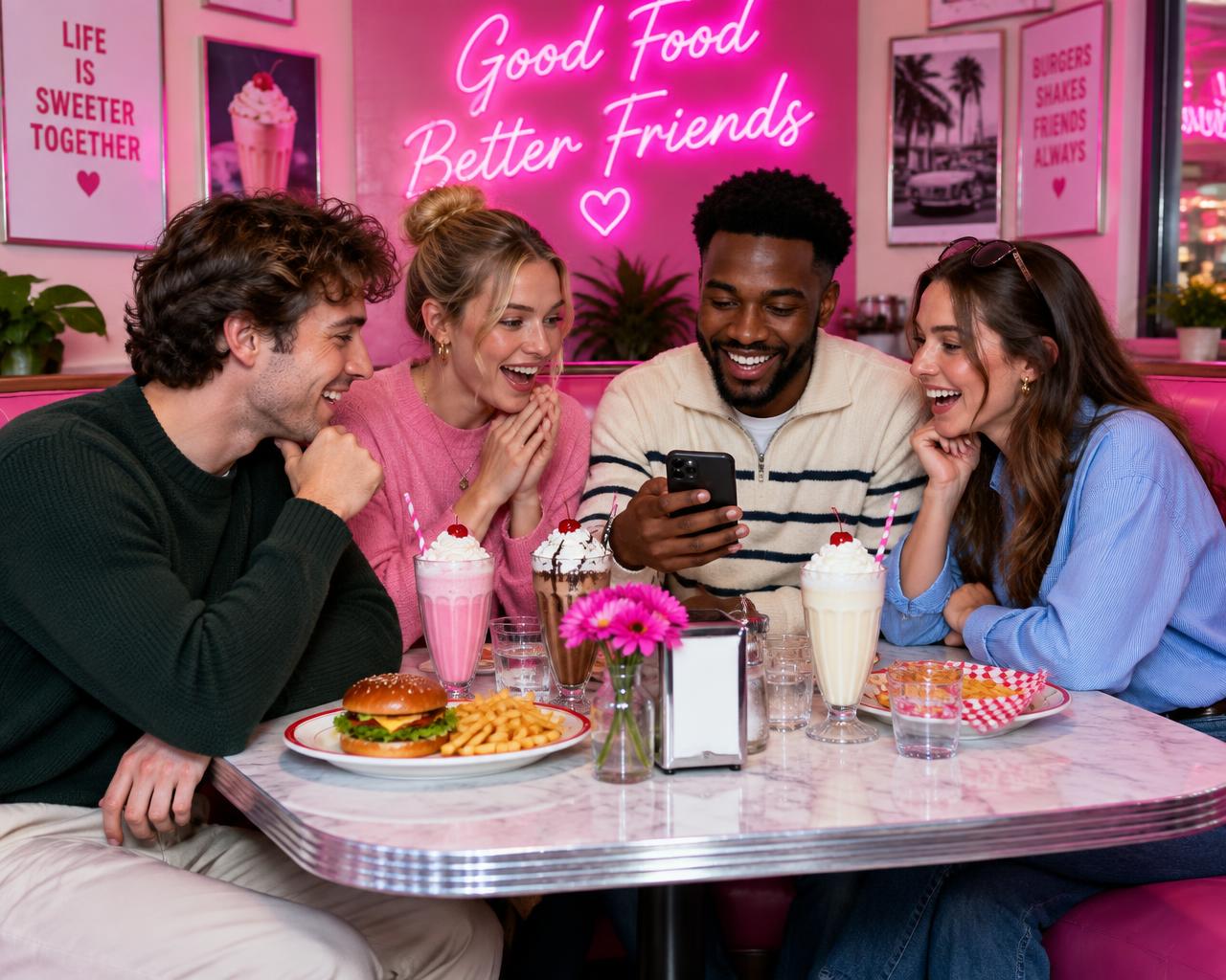 Two friends in a diner arguing over a phone